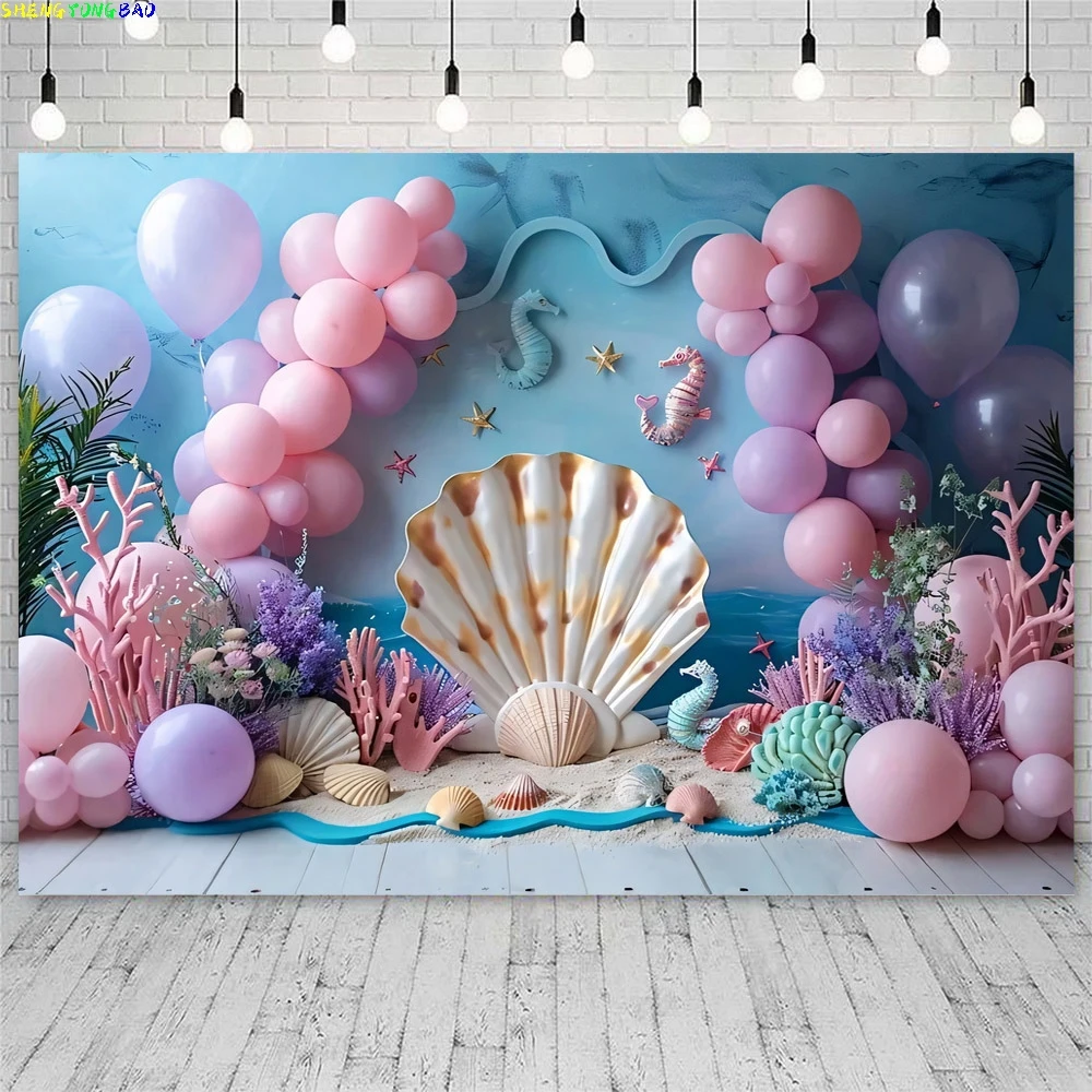 Photography Background Little Mermaid Shell Balloon Princess Birthday Cake Smash Portrait Decor Backdrop Photo Studio