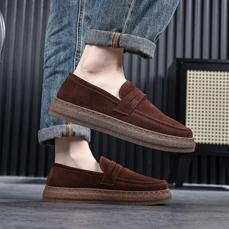 

Коричневые нескользящие мужские повседневные туфли, увеличивающие рост, летняя распродажа, новинка из воловьей кожи, трендовые модные мужские туфли без шнуровки из искусственной кожи 2023 года