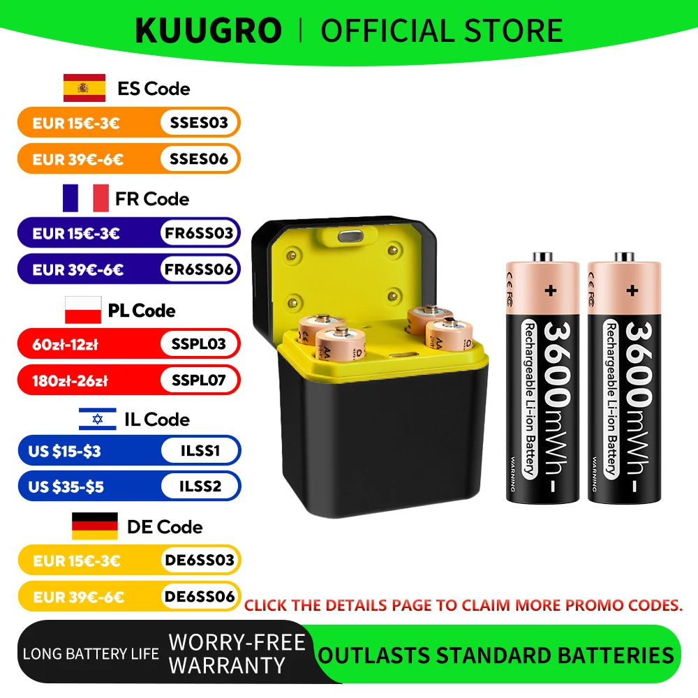 

Kuugro 1.5V 3600mWh AA Rechargeable Battery with 4 Slot Battery Charger for Toy Game Console Mouse Remote Doorbell