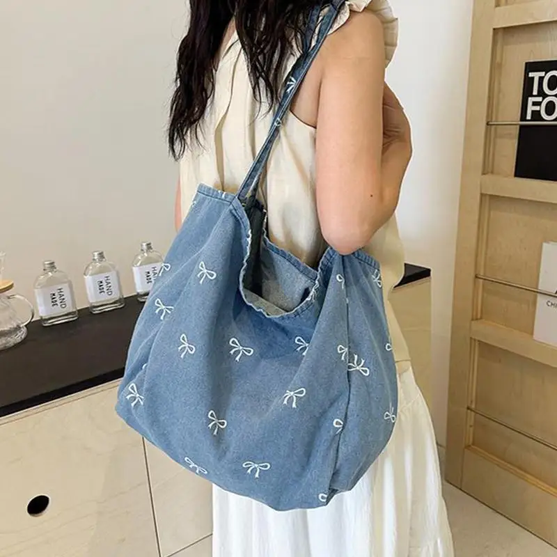 Hochwertige Denim-Canvas-Tasche, Damen-Schultertasche mit Schleife, süß und vielseitig, große, lässige Umhängetasche – Detail 4