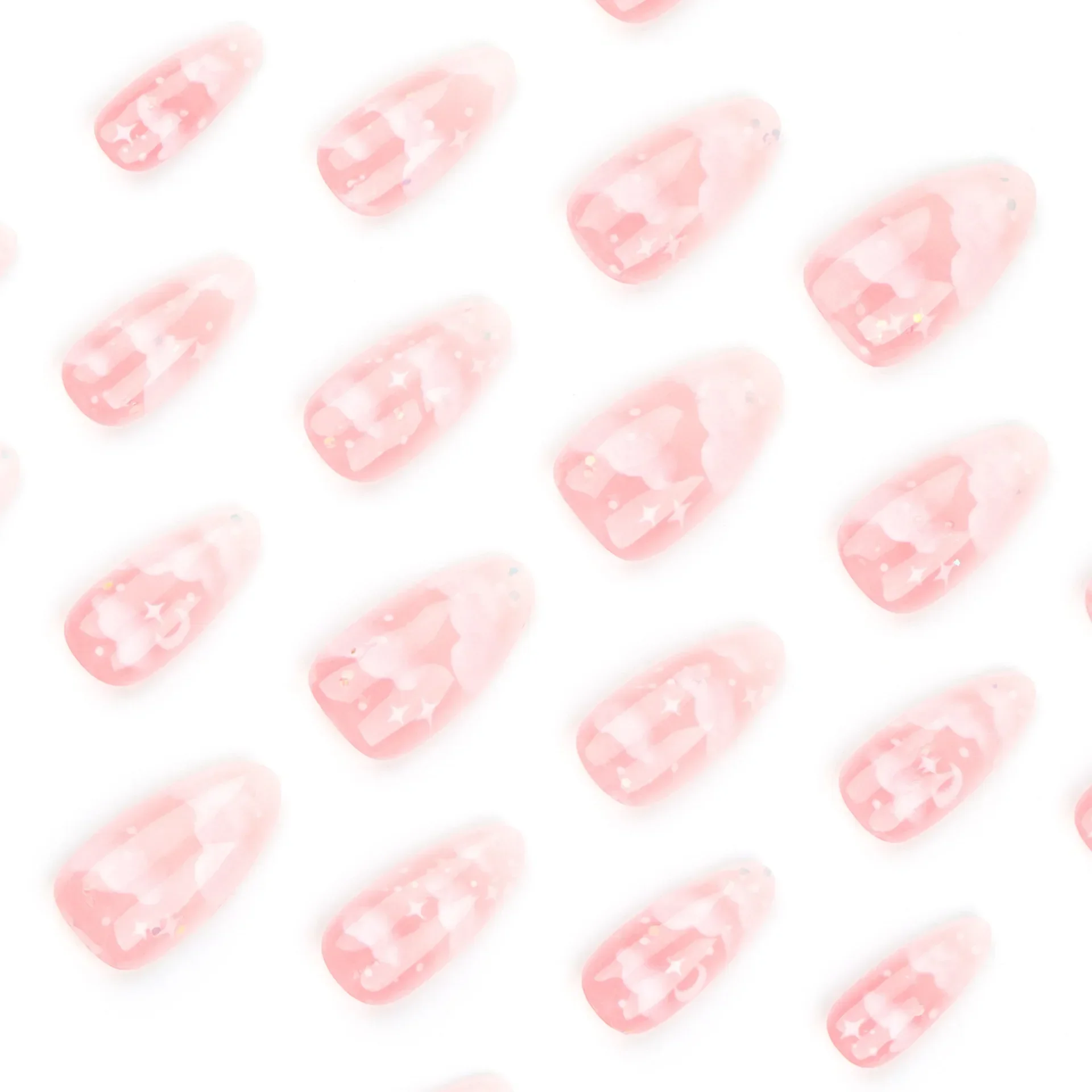 24Pcs Pink Cloud Sweet Star Moon Acrylic Nails Press on Almond Wearable Full Cover False Nails Art Tips Fingernail Beauty