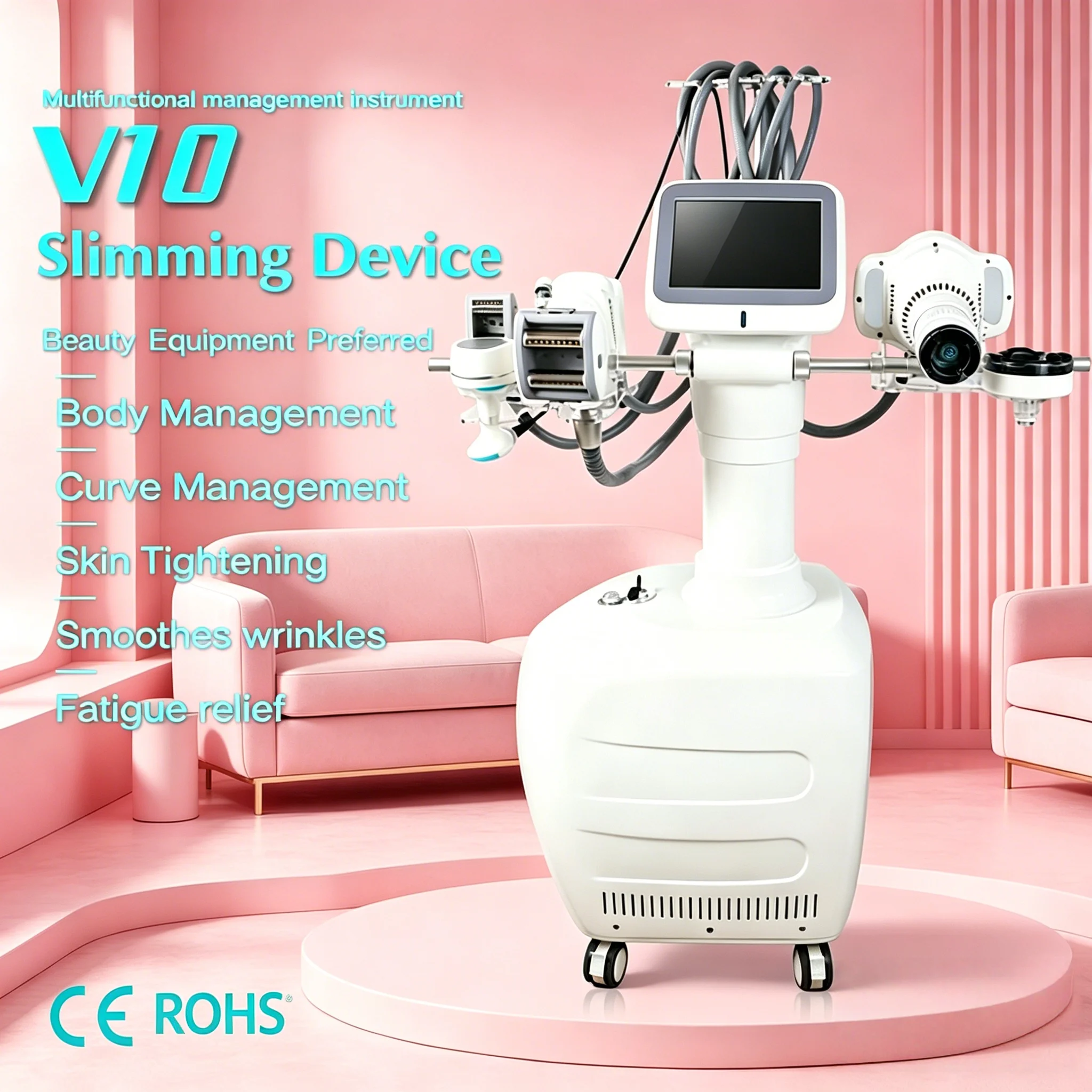 Máquina de Modelagem Corporal V10 Velashape com Seis Manípulos, Redução de Gordura por Radiofrequência 40K, Dispositivo de Escultura Corporal e Rejuvenescimento da Pele