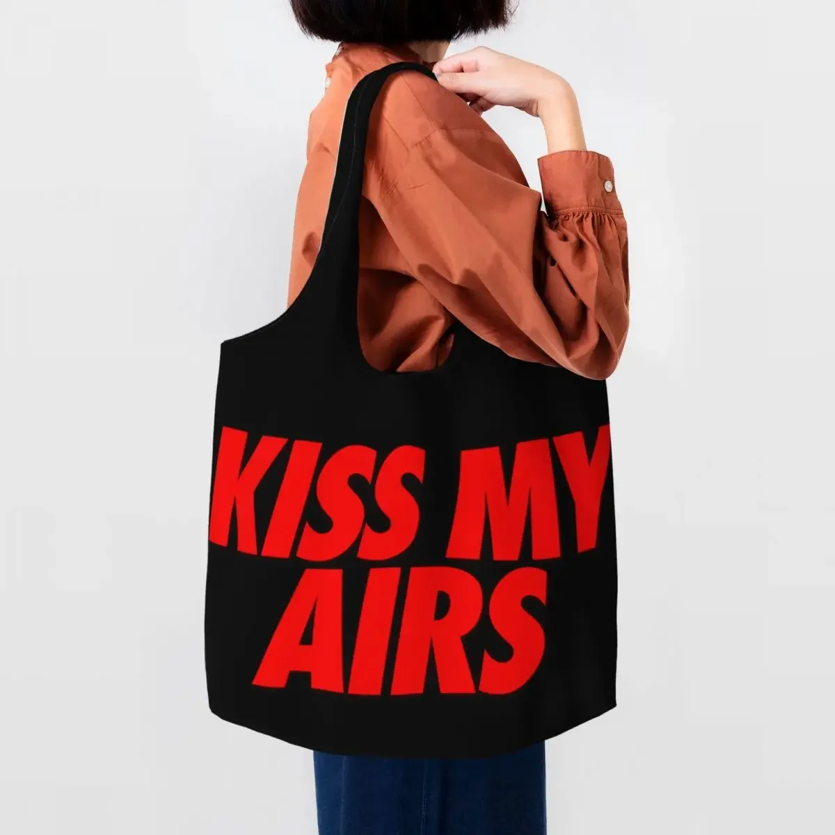 

Custom Kiss My Airs Canvas Shopping Bag Women Recycling Large Capacity Grocery Tote Shopper Bags Photography Hangbag