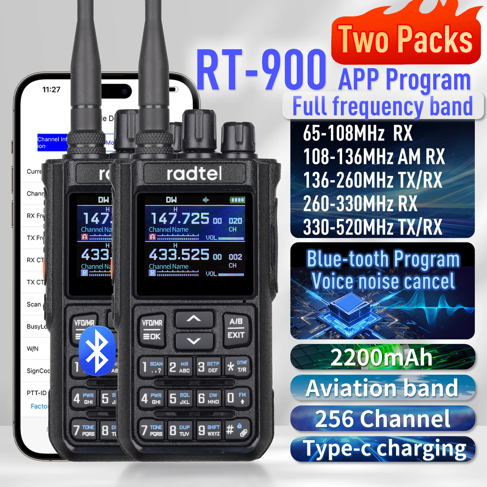 2pcs Radtel RT-900 8W Full band Ham Radio Walkie Talkie 256CH Air Band Two Way Radio Station Aviation NOAA Police Marine River