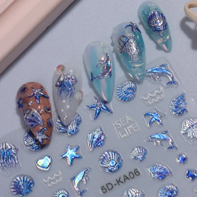 นูนแมงกะพรุน Shell Ocean Nail Art สติกเกอร์กาว Marine Life ปลาวาฬเล็บสติ๊กเกอร์เล็บ DIY อุปกรณ์เล็บ Slider