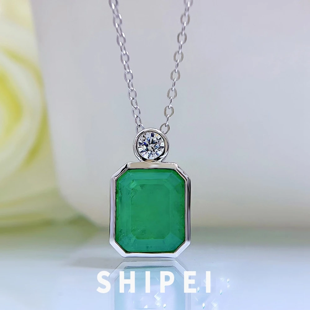 

SHIPEI Vintage 925 Sterling Silver 10*12 MM Emerald White Sapphire Gemstone 18K Gold Plated Pendant Necklace Fine Jewelry Gift