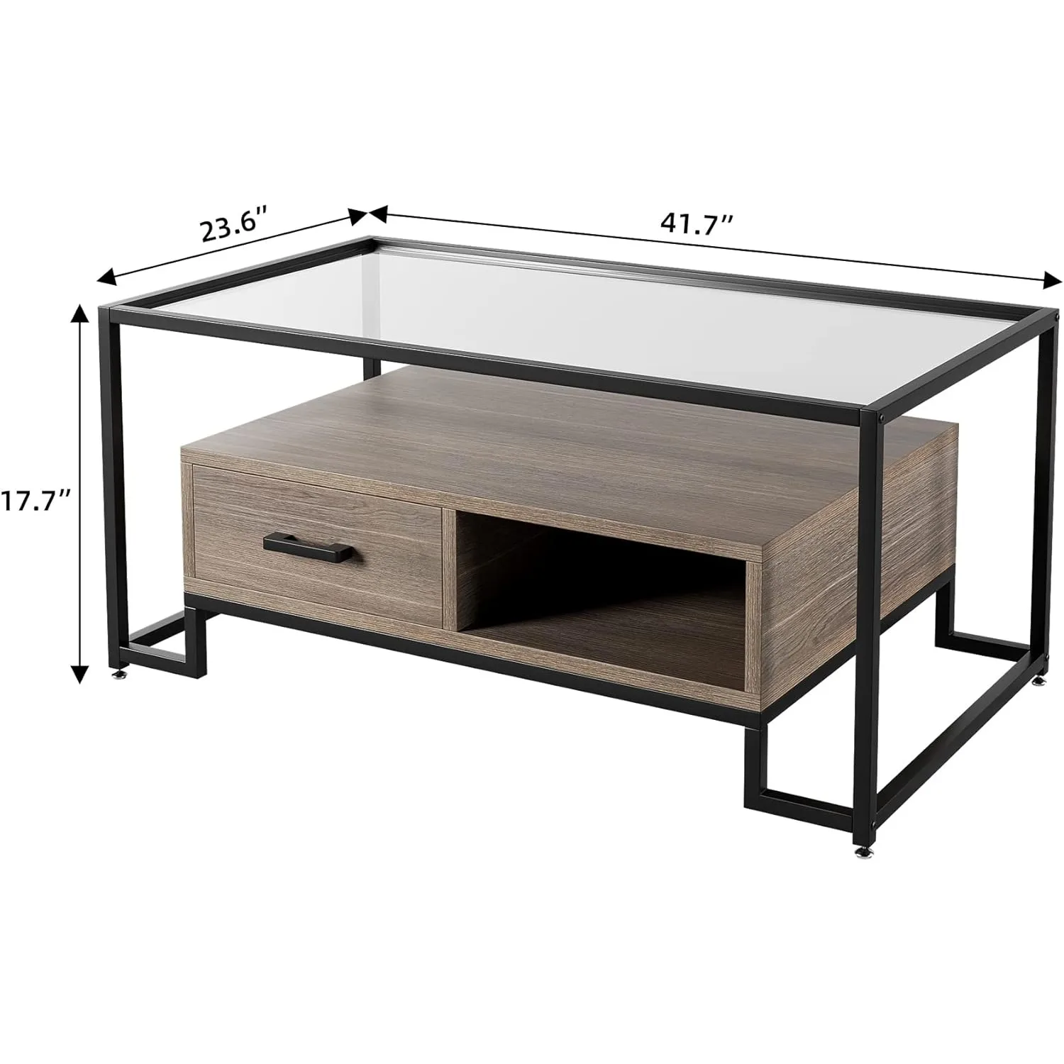 Rectangular Coffee Table, Glass Coffee Table with Storage Shelf & Drawer Mid Century Glass Top Accent Table for Home Living Room