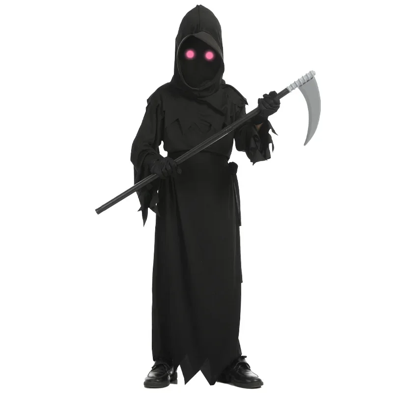 Grim Reaper Horror Skeleton Costume Children Glow Red Eyes Horror Costume Halloween Cosplay Costume Send Sickle Props