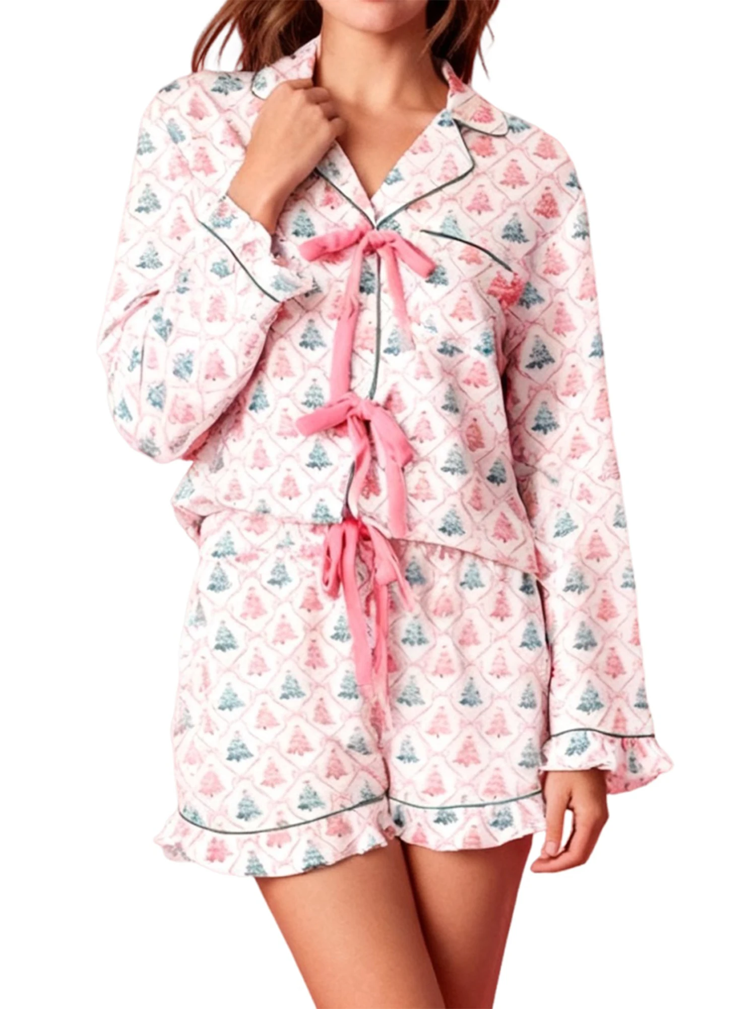 

Женская рождественская пижама из двух предметов, милая рубашка с длинными рукавами и принтом дерева, бант спереди, комплект с шортами, одежда для отдыха