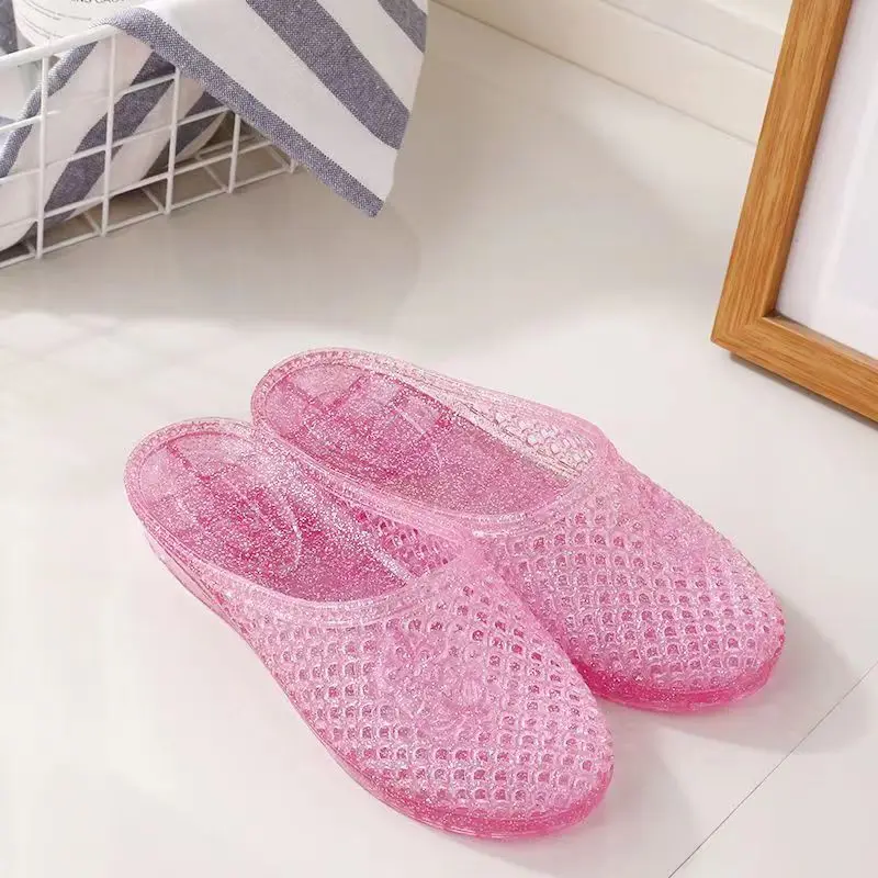 

Women's Summer Baotou Hollow Out Casual Slippers Soft Bottom Non Slip Transparent Crystal Home Casual Slippers Beach Slippers