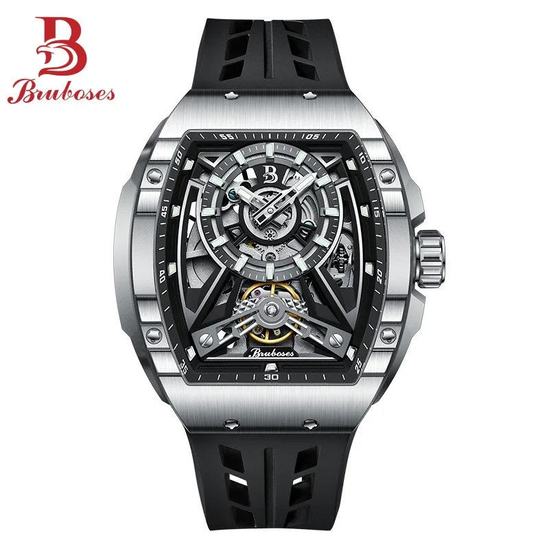 Men Mechanical Winding Watch Montre Homme 2024 New BRUBOSES 5ATM Water Resistant Luminous Tonneau Quartz Wristwatch WIth Diamond