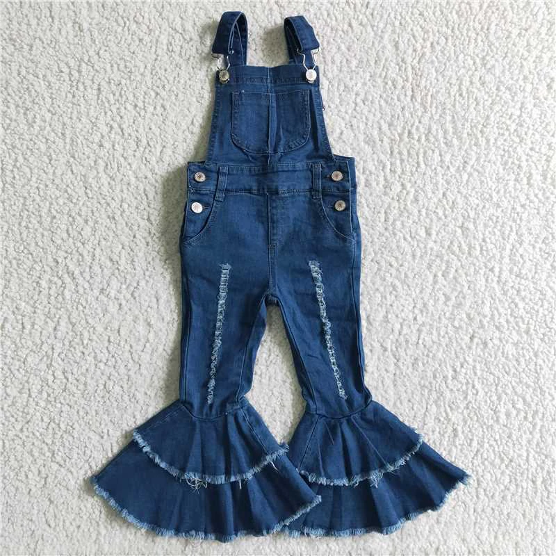 Wholesale Baby Girls Fall Winter Denim Blue Overalls Bell Bottom Kid Children Toddler Flared Button Double Lace Pants Jeans