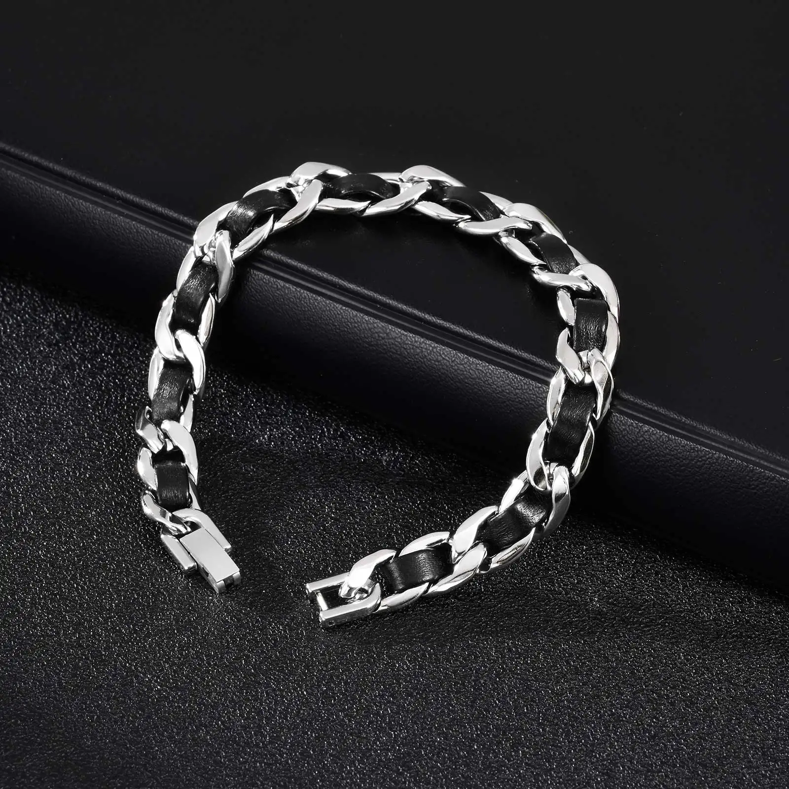 Men\'s Black Leather Chain Bracelets, Waterproof Stainless Steel Cuban Links Chain Wristband Gift Jewelry,pulseira masculina