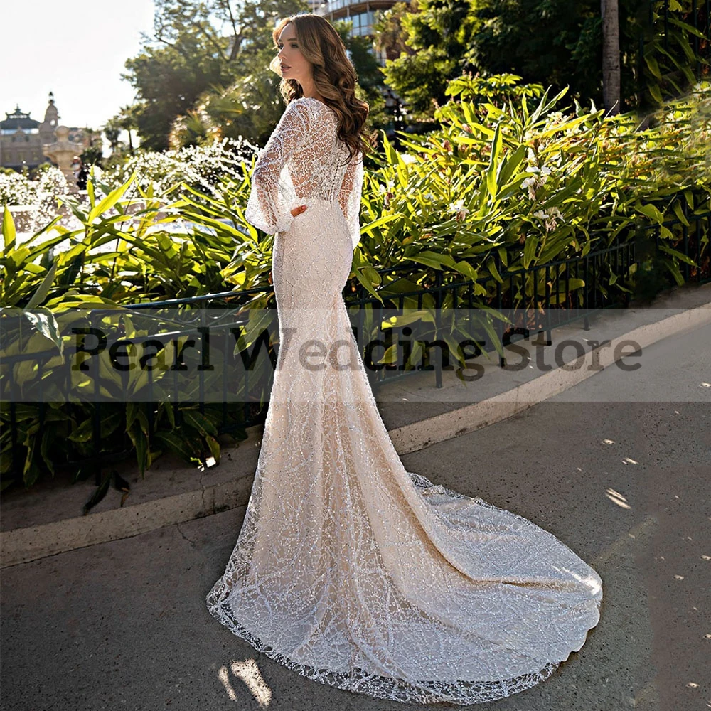 Illusion Sexy Wedding Dress V-Neck Lantern Sleeves Mermaid Appliques Decoration Sweeping Trail Bridal Marring Gowns New 2024