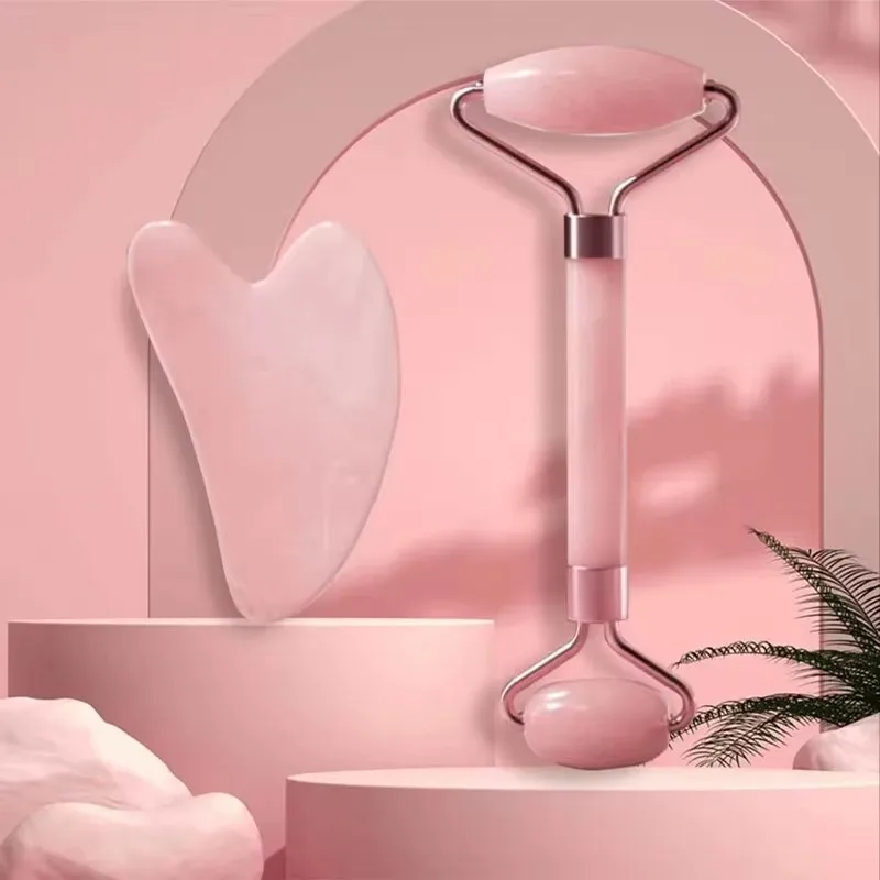 Facial Massager Double Head Roller Face Lifting Beauty Massage Tool Heart Shaped Scraping Tablets Pink for Womens Massage Set