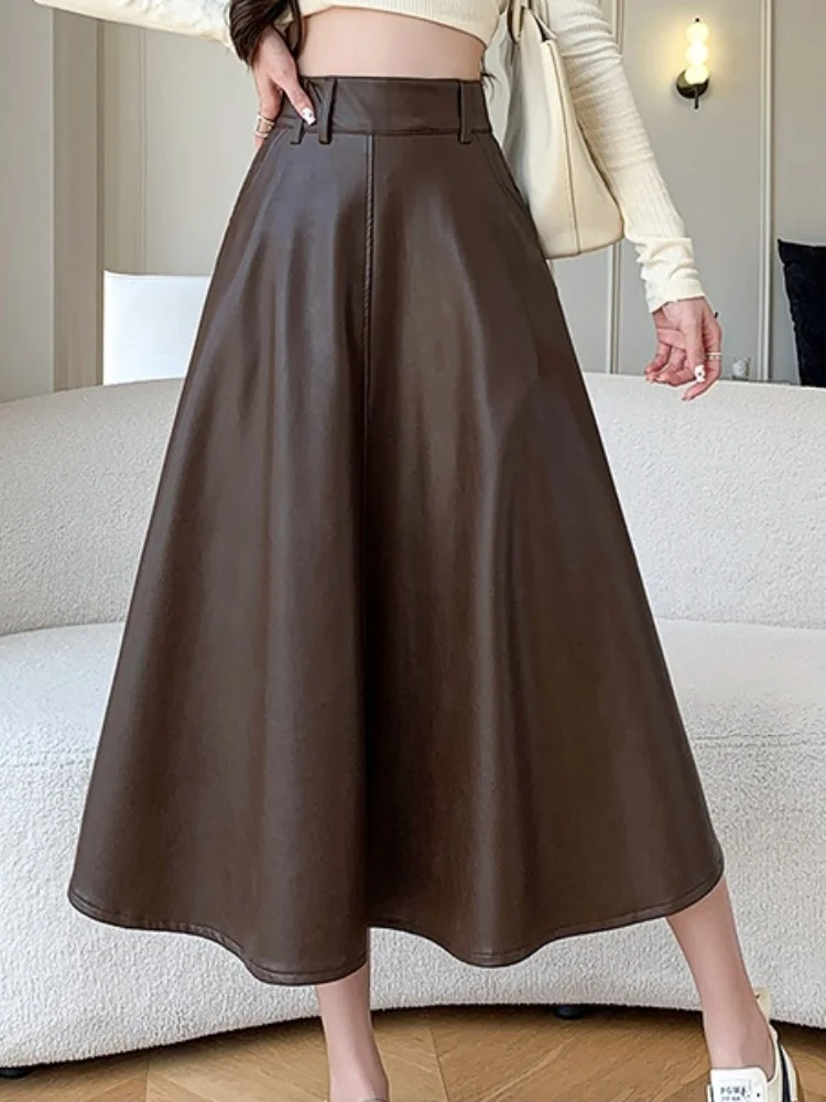 New Autumn Winter High Waisted PU Leather Skirt Eelastic Waist Loose Elegant Temperament Umbrella Skirt