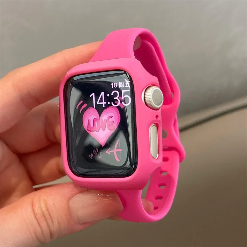 Sexy Hot Pink Slim Silicone Strap + Case For  Watch Band 49 8 SE 41 45mm Rubber Loop For iWatch 38/42 40/44mm 7 6 5 4 3 2