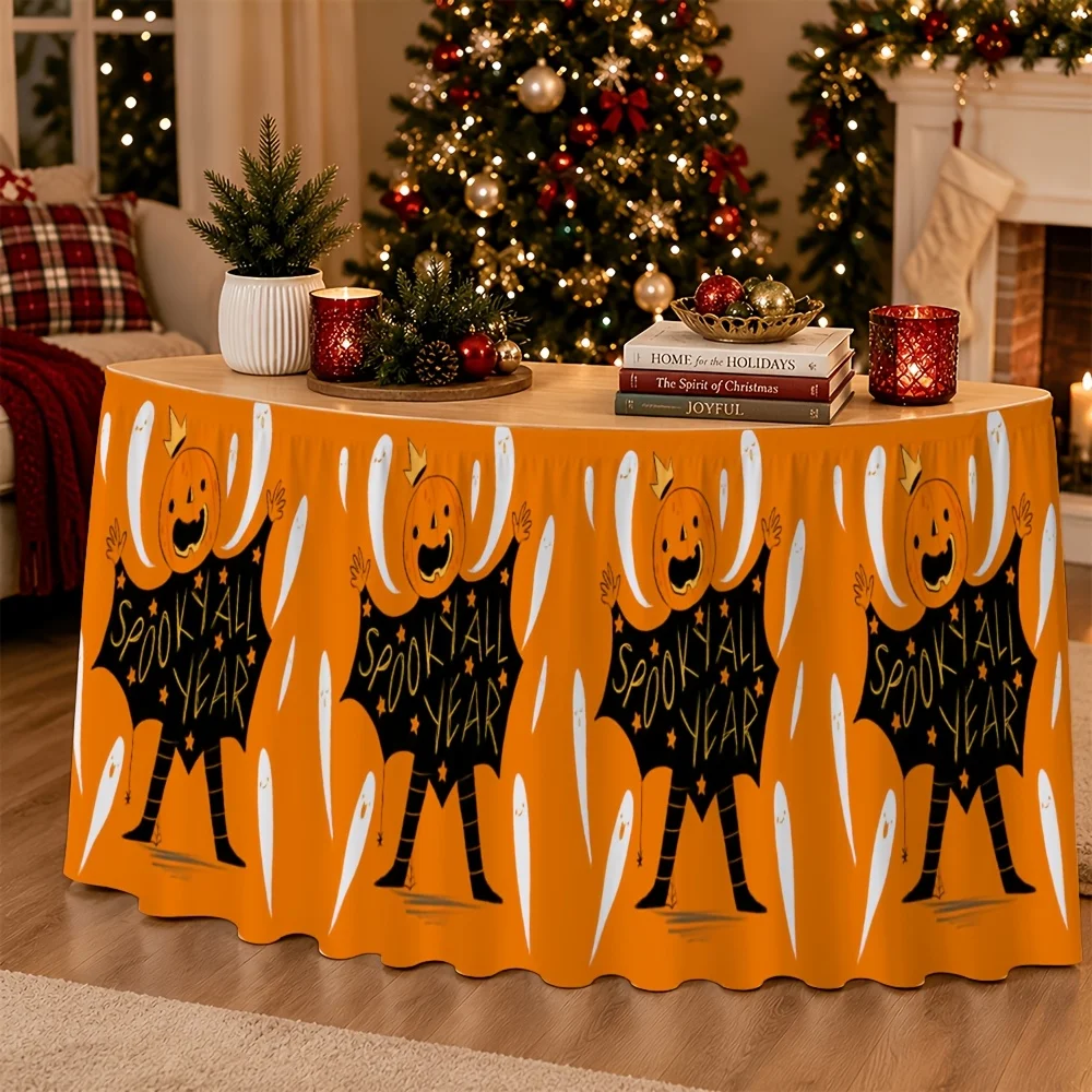 Halloween skull, pumpkin, witch, bat, creepy doll, ghost, etc. elements table skirts, Halloween high-end and eerie table skirts