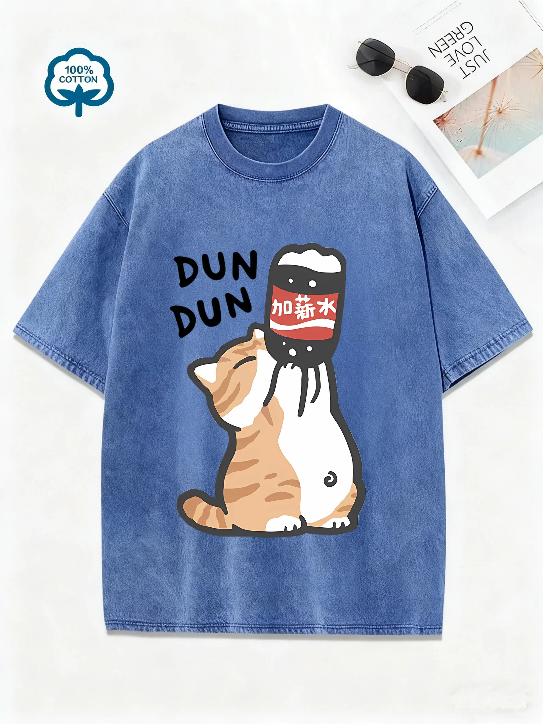 Manga Retro Washed 100% Cotton T-Shirt Cat Chinoiserie Style Vintage Top Tee Casual Streetwear Men Women T Shirt