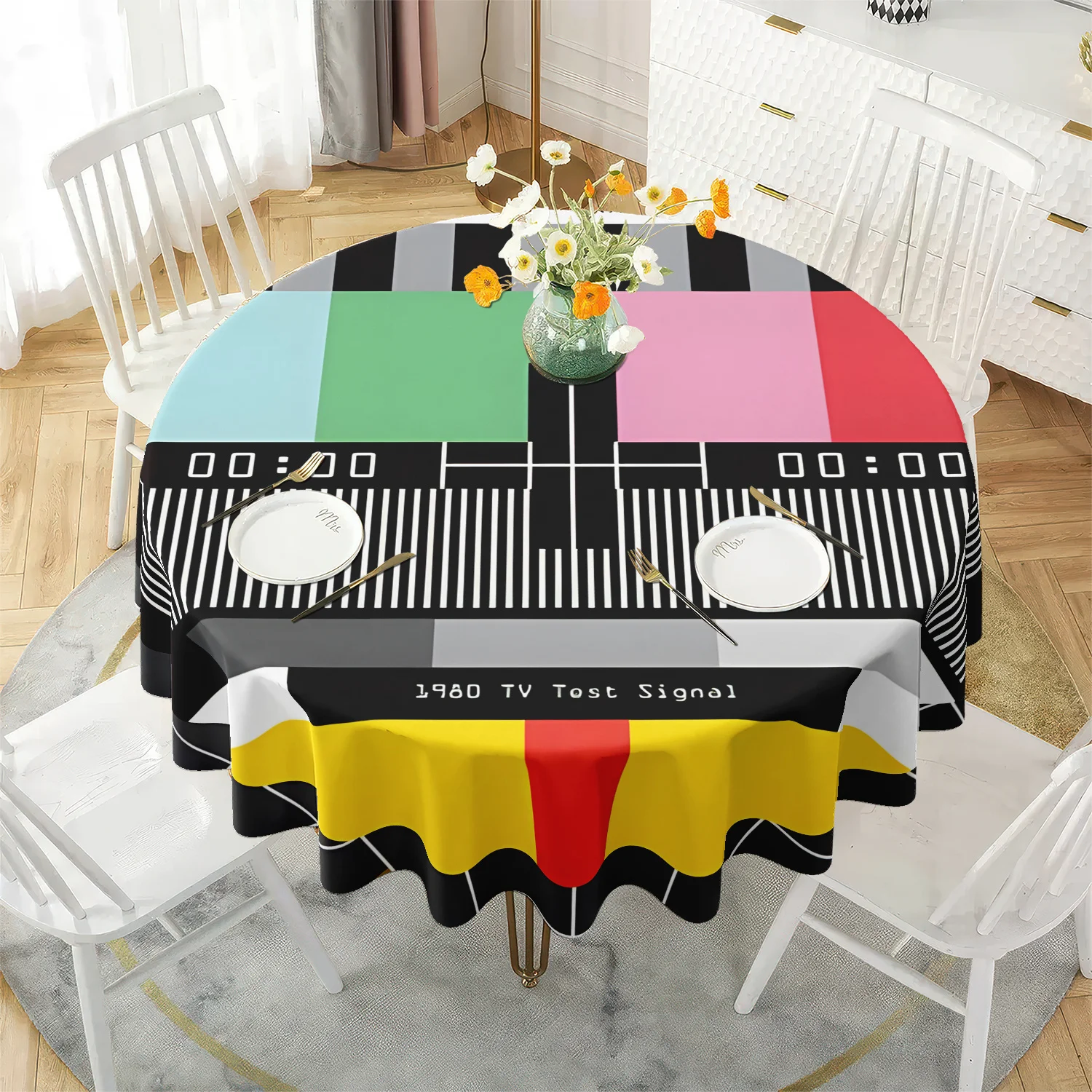 A circular tablecloth featuring a 1980 television test signal pattern, with a nostalgic design valuezyc