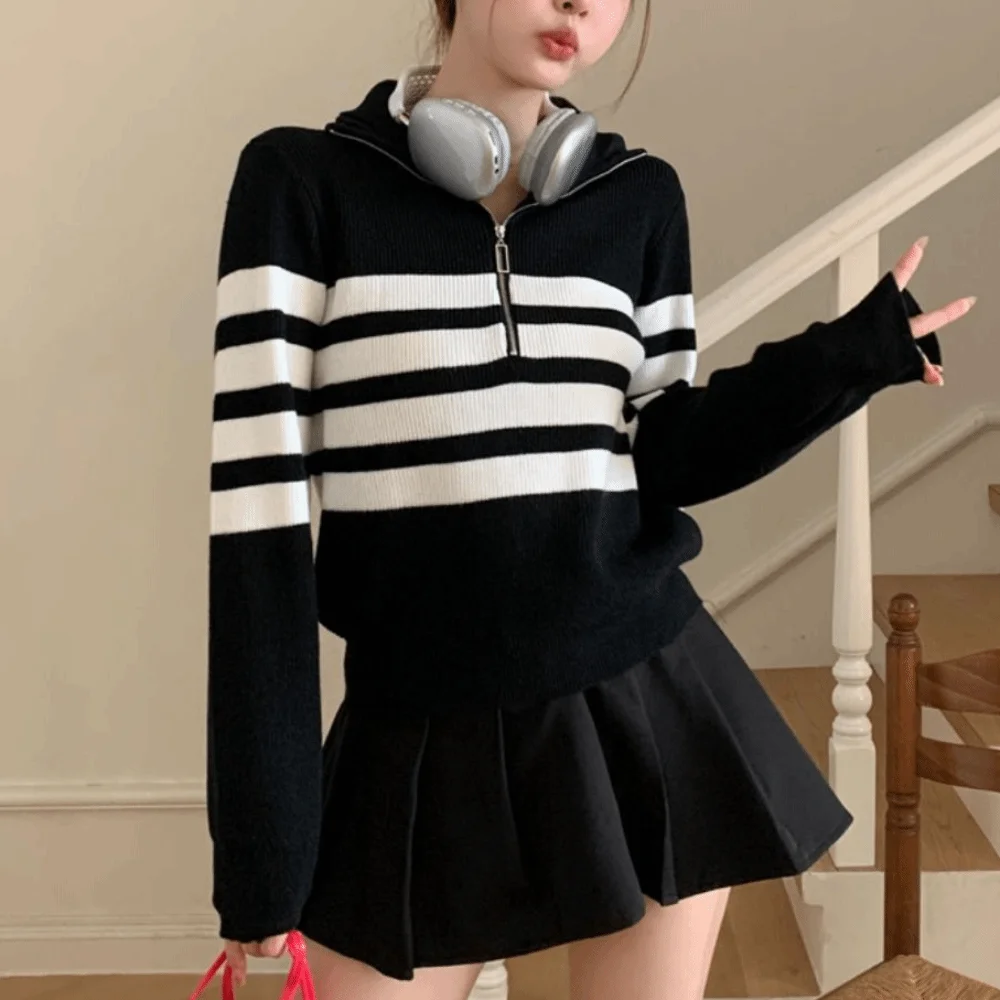 

Korean Style Long Sleeve Knit Stripe Sweater Zipper Slim Fit Crochet Knitwear Autumn Winter Soft Knitted Crop Top Women