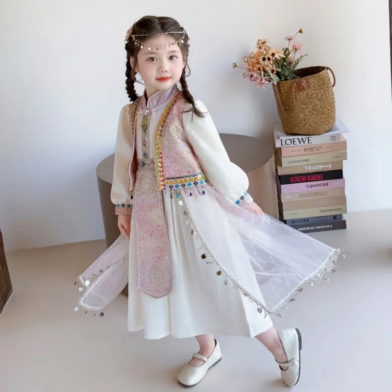 

Новое модное детское танцевальное платье Ханьфу с этнической вышивкой для девочек 2-10 лет, коллекция Весна-Осень 2026