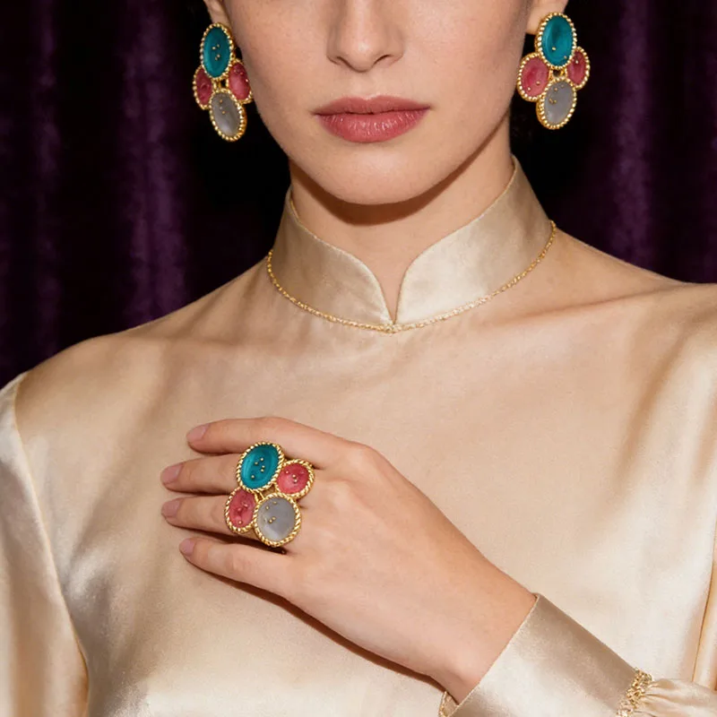 Luxury Gold Plated Flowers Jewelry Set Shape for Women Earrings&Ring Gift for Wedding Party  Anniversary Women\'s Day Celebration
