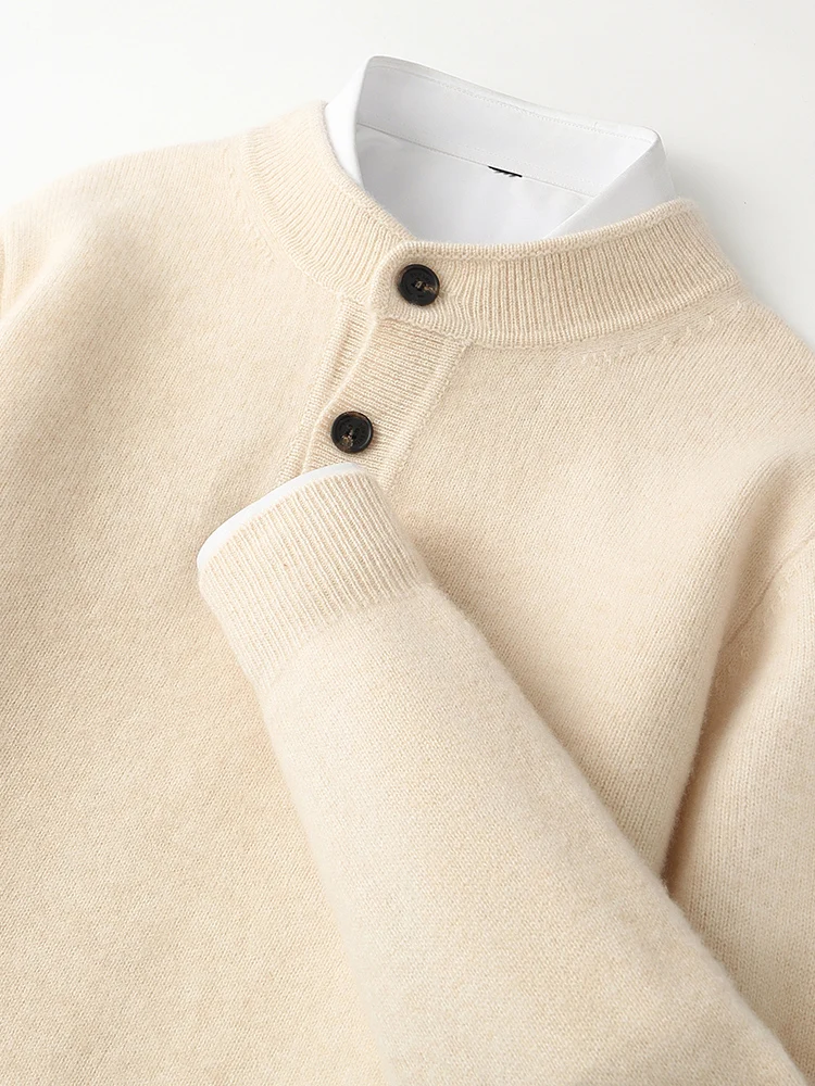 High Quality Smart Casual Everyday Clothes Men's Thick Pullover Autumn Winter Button Knitted Sweater 100% Merino Wool Warm Tops