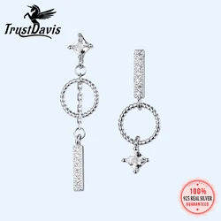 Trusta Genuine Fashion 925 Sterling Silver Sweet CZ Asymmetric Round Stick Chain Stud Earrings for Women Girl Teens Lady DA638