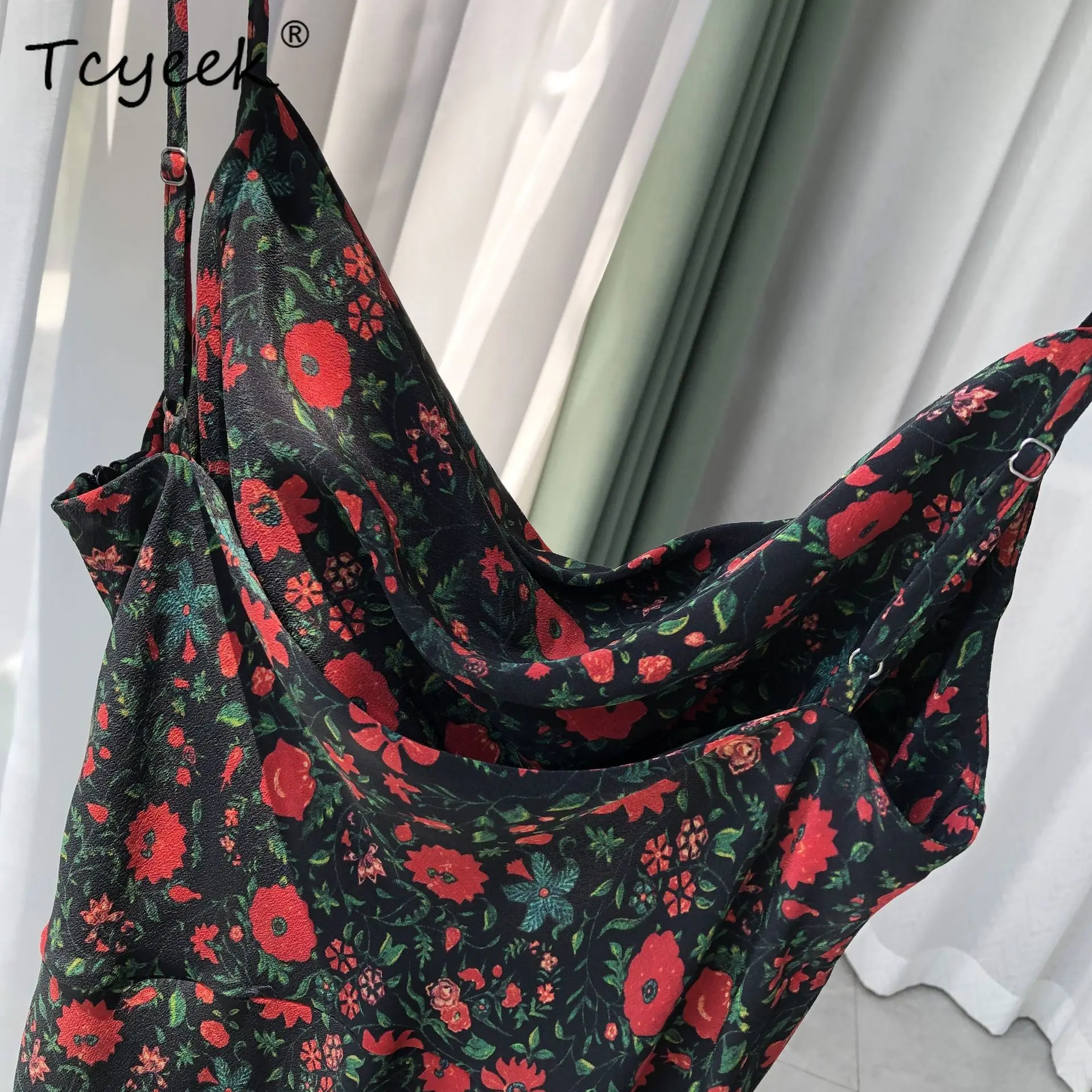 Tcyeek, 17MM Natrual Silk Elegant Dress, Women Spaghetti Strap Flower Print, French Retro Sexy Dresses, 2024 Summer D458134QC