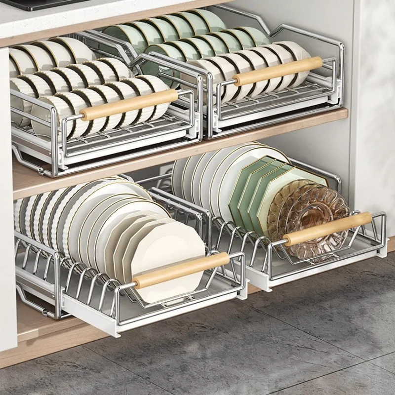 Stainless steel dish storage rack, shelf in kitchen cabinet, drawer type pull basket pull plate drain boat