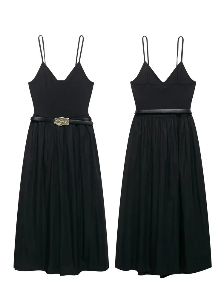 

Women's Matching Belt Sleeveless Sheath Dress Elegant Splicing Design V-Neck Midi Dress Casual Holiday Style Women's