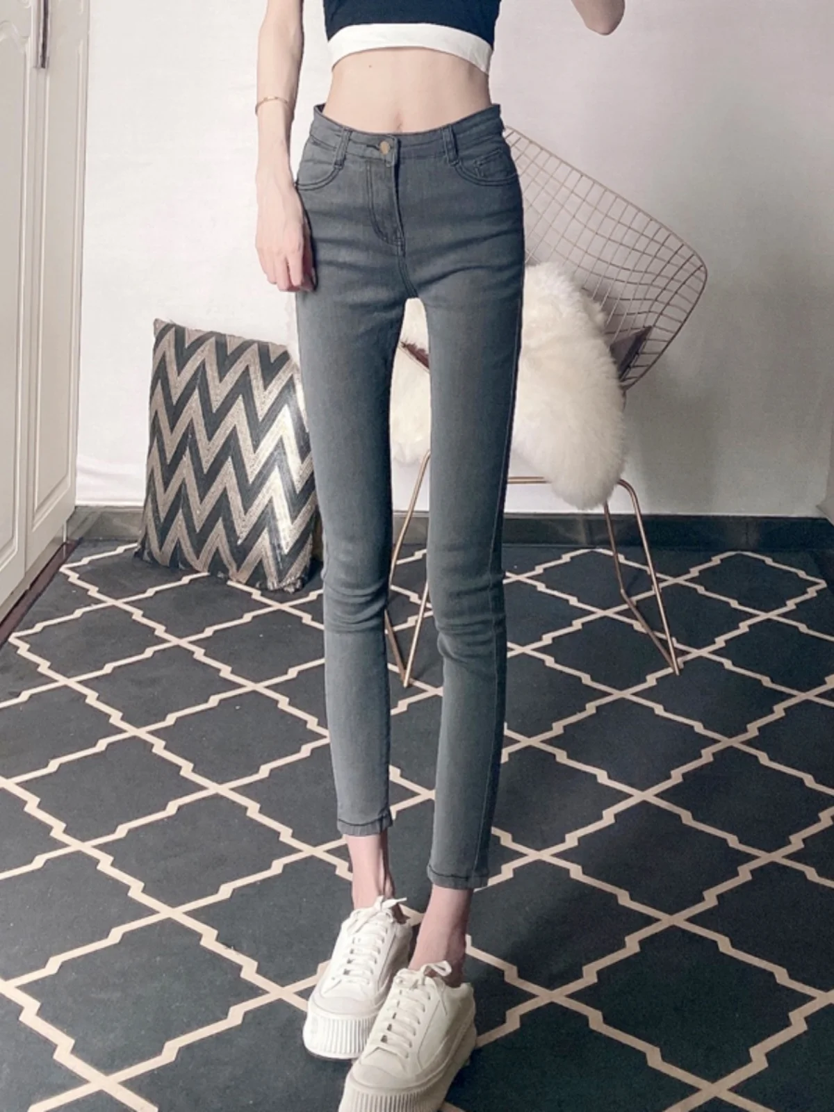 

Summer Grey Smoke Denim Pants Women's Nine Points Tight Fit Bootcut Pencil Pants High Waist Leg Slimming Elastic Pants