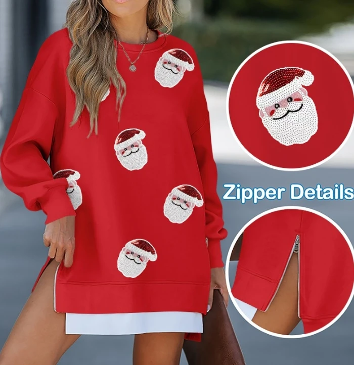 

Ladies' Dress Santa Claus Sequin Letter Pattern Design Long Sleeve Casual O-Neck Fake Two-Piece Zipper Slit Mini Christmas Dress