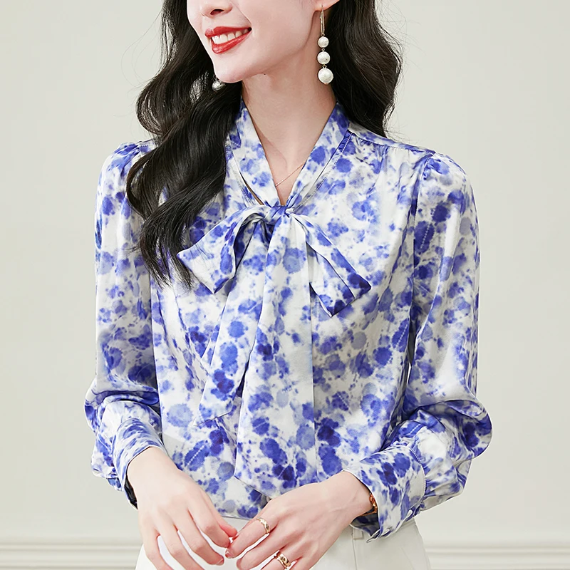 

Real Silk Women's Satin Shirt 2024 Spring Autumn Elegant Shirts Blouses For Women Bow Long Sleeve Office Lady Blouse Print Tops