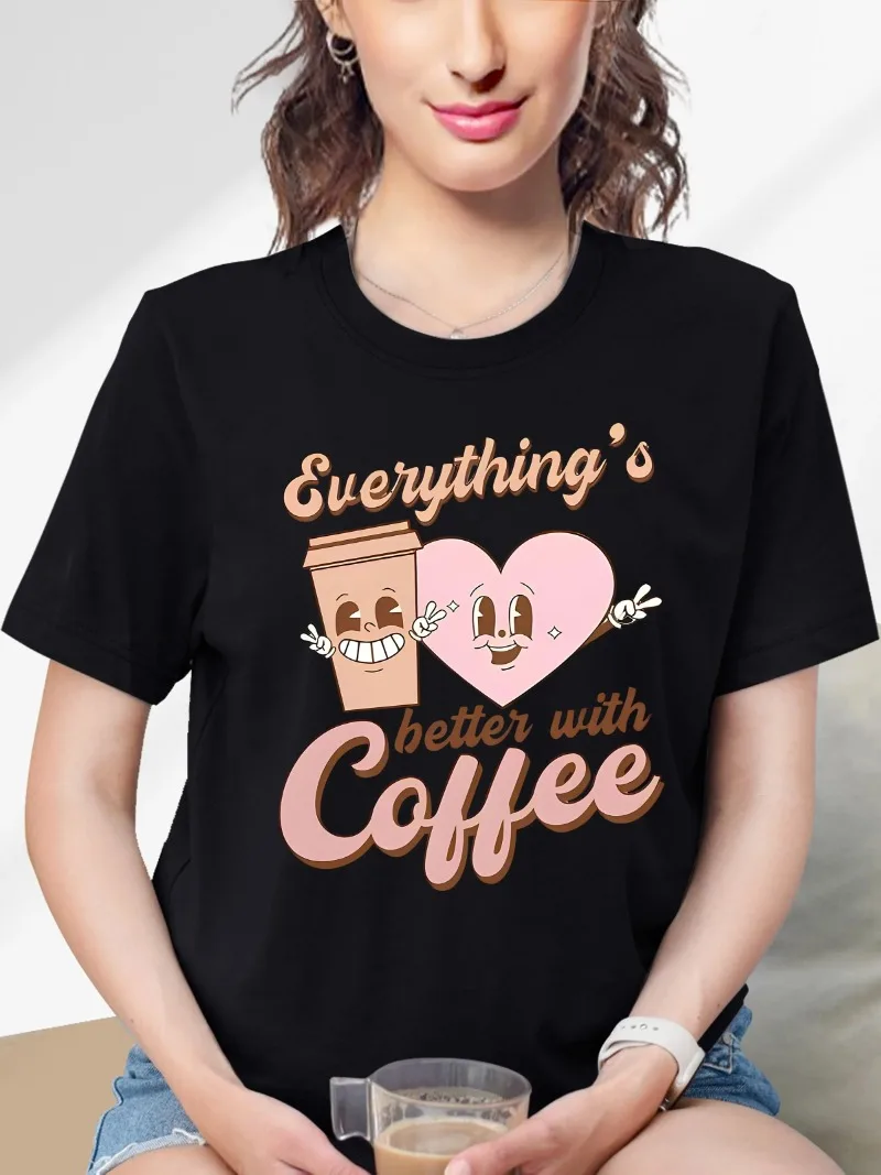 Dameskleding Cartoon Koffie & Letterprint T-Shirt, Casual Ronde Hals Top Met Korte Mouwen Voor Lente En Zomer,