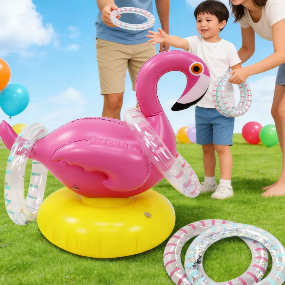 ชุดของเล่นเป่าลม PVC สำหรับเล่นกลางแจ้ง พร้อมห่วง 4 วง เกมโยนห่วงรูปนกฟลามิงโก สำหรับการแข่งขันกีฬา