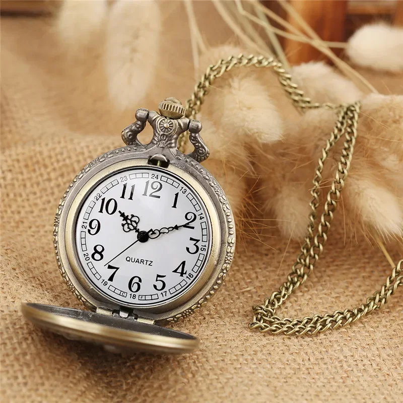 Bronze Couple Lover Design Clock Men Women Quartz Pocket Watch Arabic Number Sweater Necklace Chain Gift Timepiece