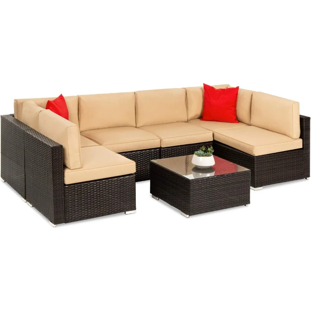 

Modular Outdoor Sectional Wicker Patio Conversation Set w/ 2 Pillows, Coffee Table, Cover Included