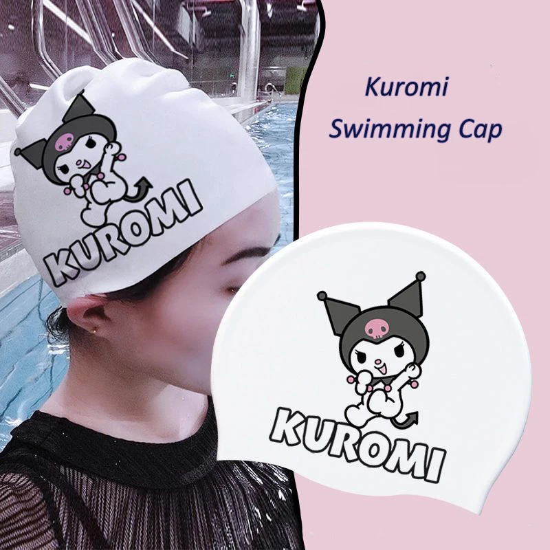 New Cute Sanrio Hello Kitty Cartoon Swimming Cap Kuromi Women Thickened Waterproof Flexible Silicone Ear Protection Swimming Cap