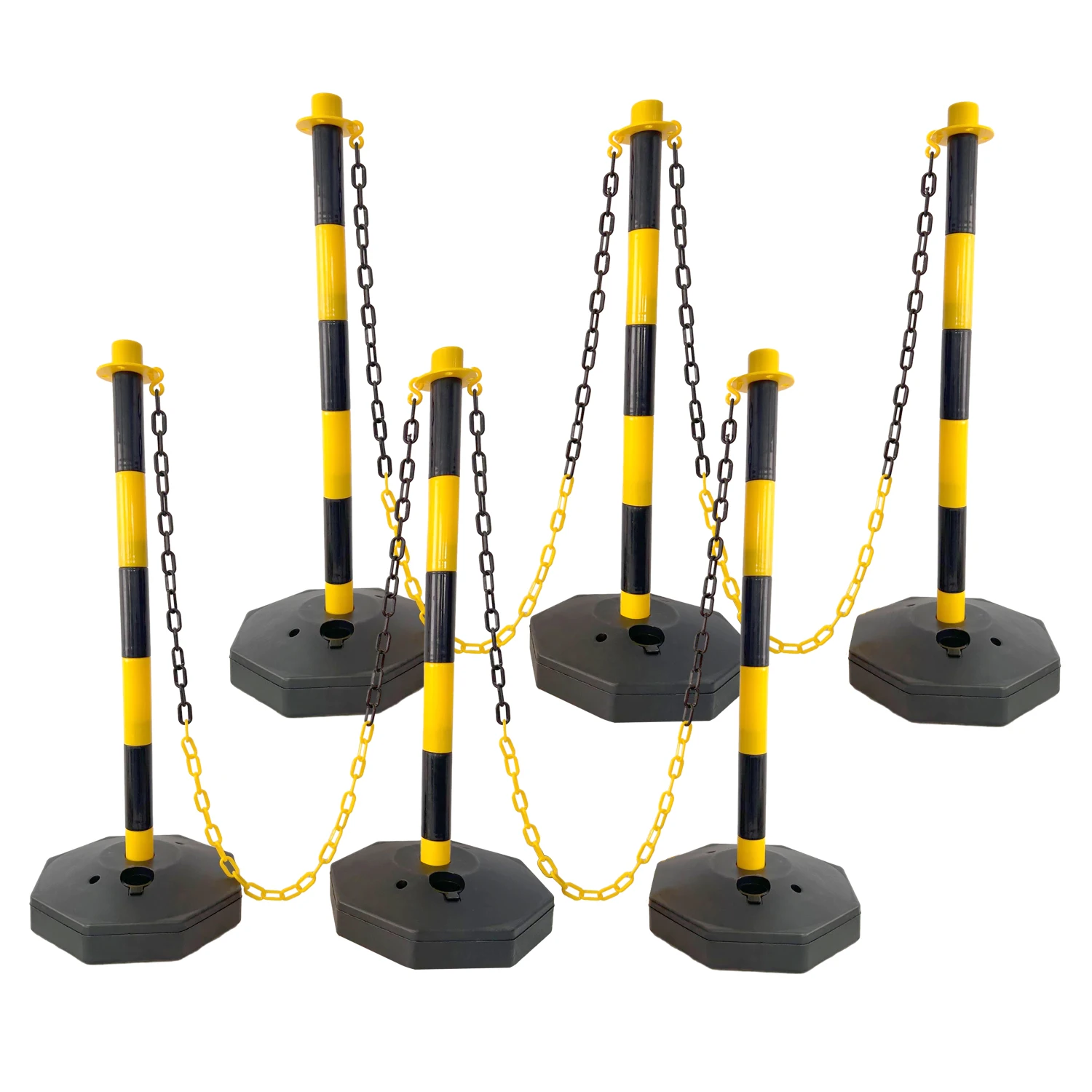 6 Pack Traffic Delineator Post Cones with Fillable Base, Adjustable Plastic Safety Barrier with 5Ft Plastic Chain, Outdoor and I