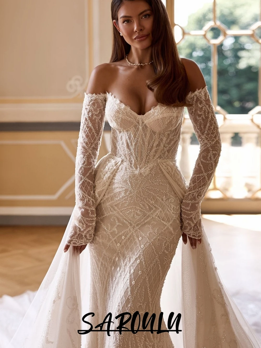 Richly Beaded Sequined Wedding Dress With Detachable Train & Sleeves Dazzling Lace Mermaid Bridal Gown Dreamy Stunning Wear