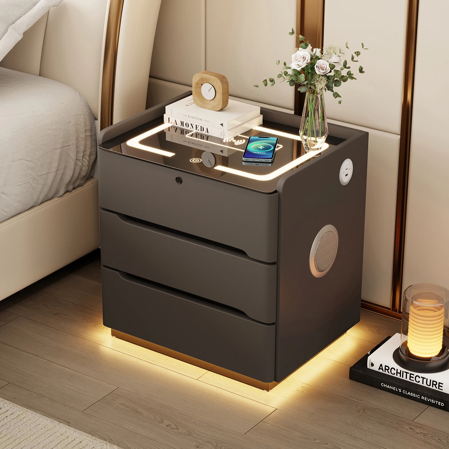 طاولة سرير عائمة مع ضوء حثي، منضدة ذكية حديثة قابلة للقفل، تصميم بسيط، طاولة بجانب السرير بثلاثة أدراج قابلة للشحن #3