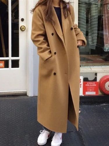 

Retro Double-breasted Woolen Coat Women's Long Suit Collar Winter Korean Sle Aosphere Feeling Jaet Long Coat