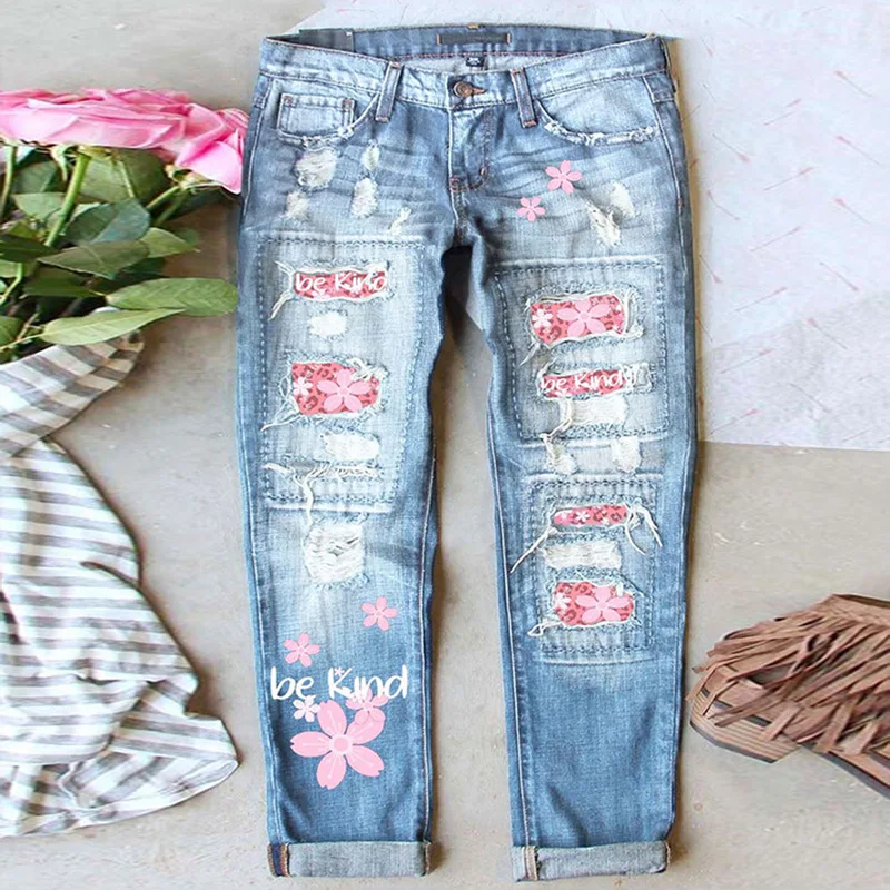 

Pants Denim Pant Women Jeans Vintage Washed Mid Waist Straight Trousers Work Floral Print Patch Hole Y2k Streetwear Summer 2026