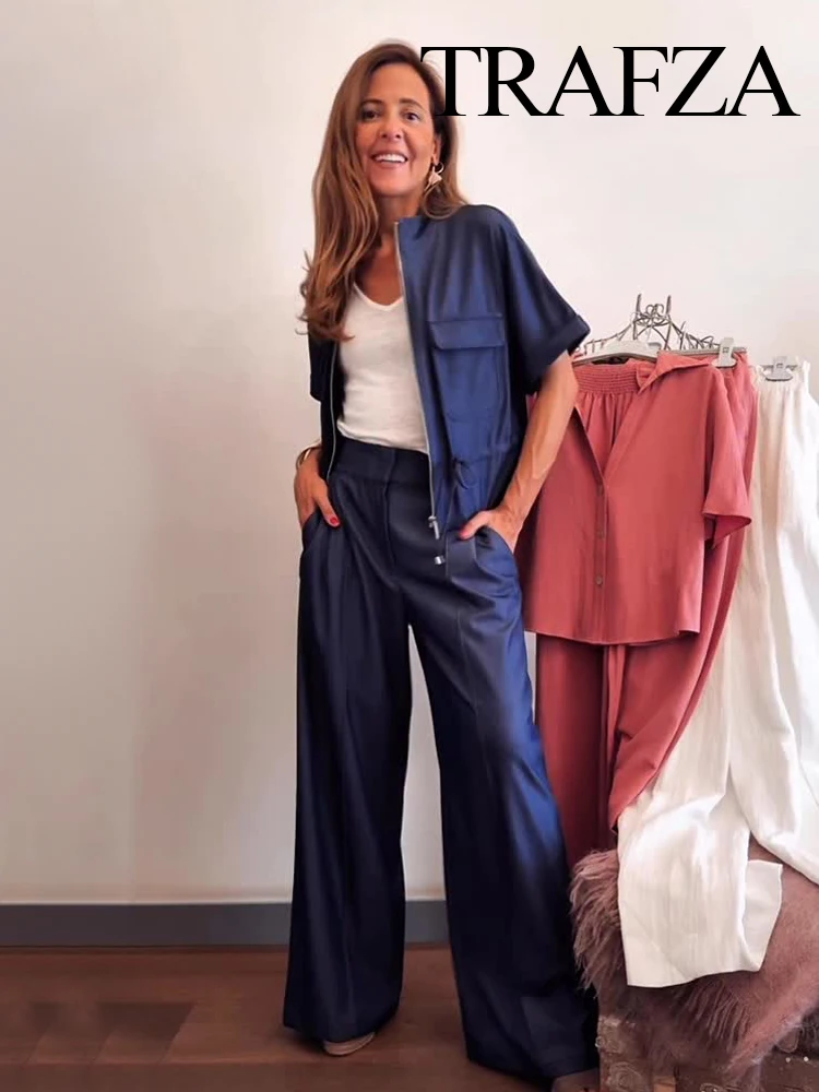 

TRAFZA Autumn Women Elegant Waist Zipper Bow Lace-up Short Sleeve Pockets Solid Shirt+High-Waisted Pleated Leisure Pants Suit