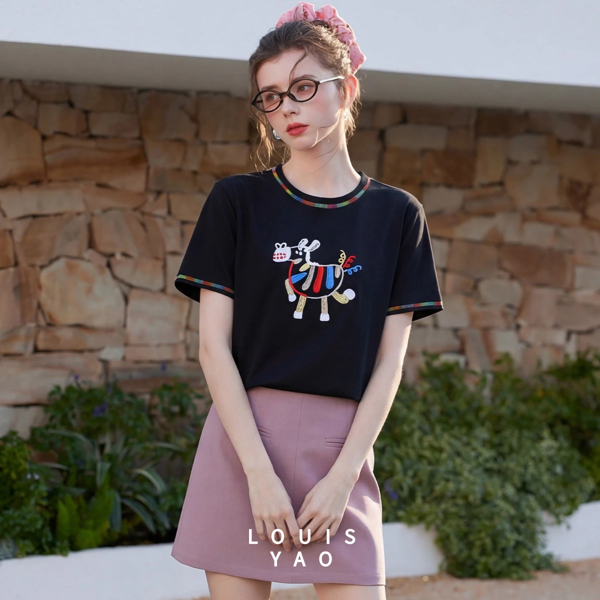 LOUISYAO 2026 Spring Summer Fun Embroidery Women's T-Shirt Short Sleeve Slight Stretch Youthful Cute Casual Pullover Top