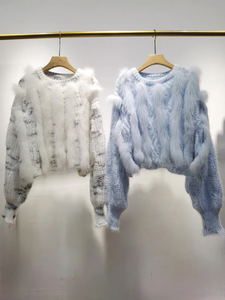 

2024 Autumn Women Real Fox Fur Coat Sweater Loose Spring Fox Fur Strip Sewed Toghter Decoration Sweater Outerwear Female Coats