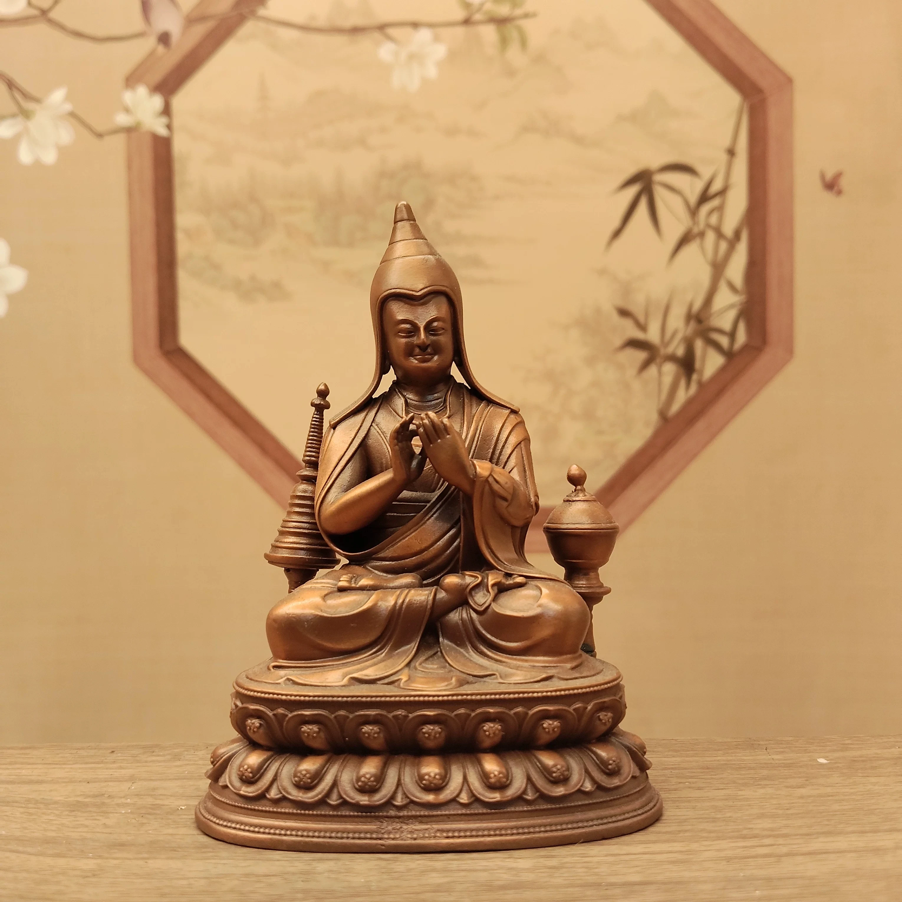 Red Antique Copper Painted Face Atisha Great Master Statue 10cm Nepal Craft Home Altar Car Portable Blessing