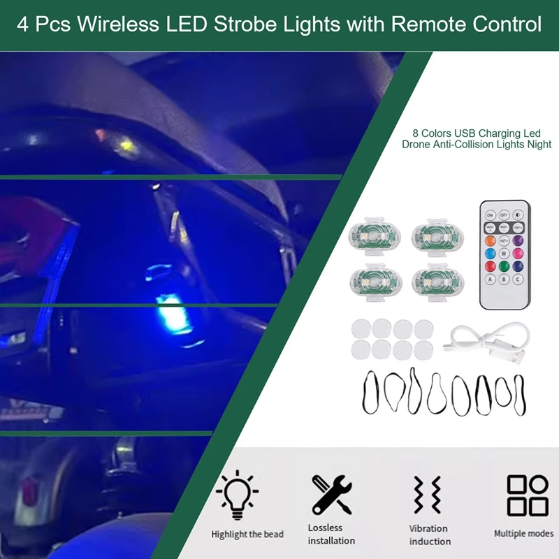 Luzes estroboscópicas FULL-LED com controle remoto, luzes noturnas anti-colisão, drone sem fio, 8 cores, carregamento USB, 4 pcs